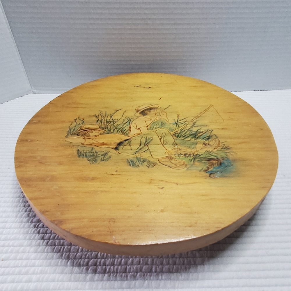 Lazy Susan Boys Wooden Round 11" Turns Rotates Handmade Hand Painted Vintage MCM
